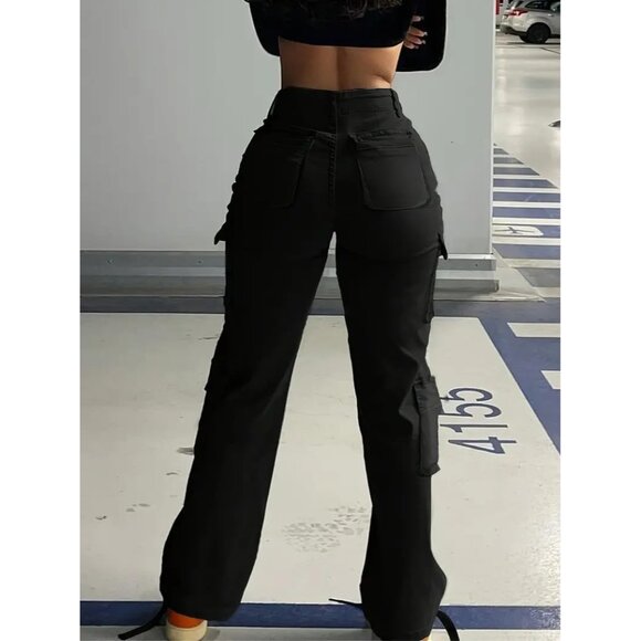 Women Cargo Jeans Cotton Large Utility Pocket Wide Leg Casual Streetwear - Picture 3 of 7